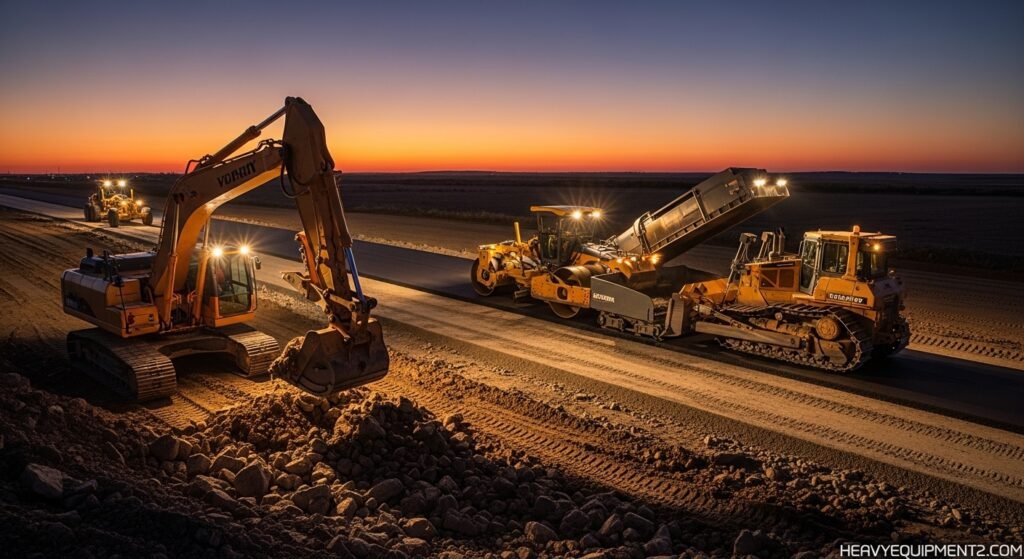 Heavy equipment including bulldozers and excavators used in modern road construction projects