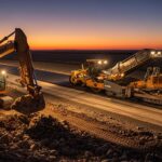 Heavy equipment including bulldozers and excavators used in modern road construction projects