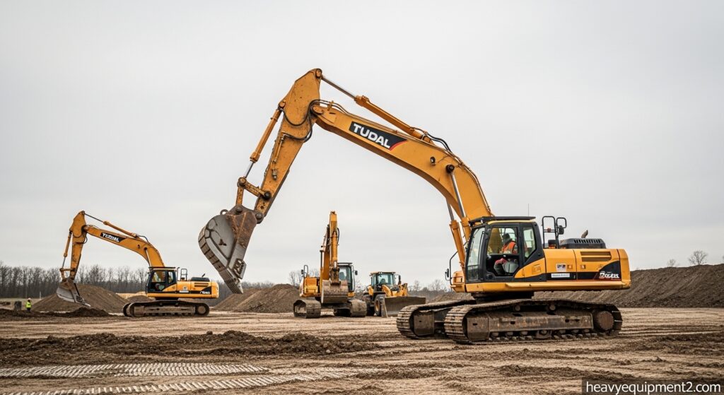 Large yellow hydraulic excavator at a major construction site, 2026 model