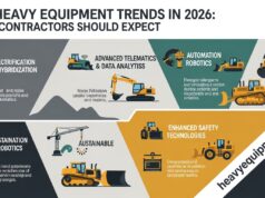 Top Heavy Equipment Trends in 2026: What Contractors Should Expect Autonomous excavator using AI technology at smart construction site in 2026