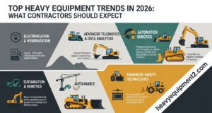 Top Heavy Equipment Trends in 2026: What Contractors Should Expect Autonomous excavator using AI technology at smart construction site in 2026